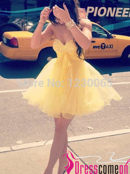 Short Yellow 2018 Ball Gown Sweetheart Neck Mini Organza Party with Crystal Bead Semi Formal Prom Gown bridesmaid dresses