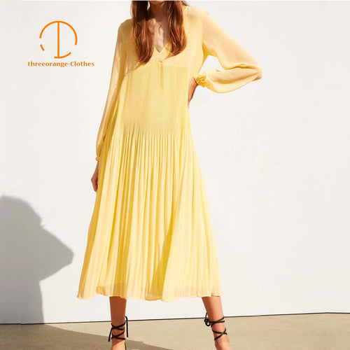 New Chiffon Dress women v neck yellow pleated lightweight semi-transparent tulle Summer Casual soft elegant Midi dress vestidos