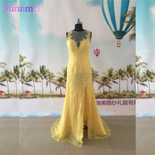 Load image into Gallery viewer, Yellow Evening Dresses Lace High Neck Nude Back See Through Side Slit Semi Formal Evening Dress Prom Gown