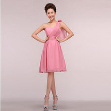 Load image into Gallery viewer, cheap semi formal short hot pink blue red yellow modest one shoulder high school cheap corset bridesmaid dresses girl dress