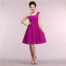 Load image into Gallery viewer, cheap semi formal short hot pink blue red yellow modest one shoulder high school cheap corset bridesmaid dresses girl dress