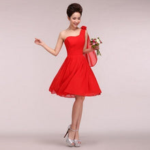Load image into Gallery viewer, cheap semi formal short hot pink blue red yellow modest one shoulder high school cheap corset bridesmaid dresses girl dress