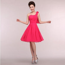 Load image into Gallery viewer, cheap semi formal short hot pink blue red yellow modest one shoulder high school cheap corset bridesmaid dresses girl dress