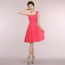 Load image into Gallery viewer, cheap semi formal short hot pink blue red yellow modest one shoulder high school cheap corset bridesmaid dresses girl dress